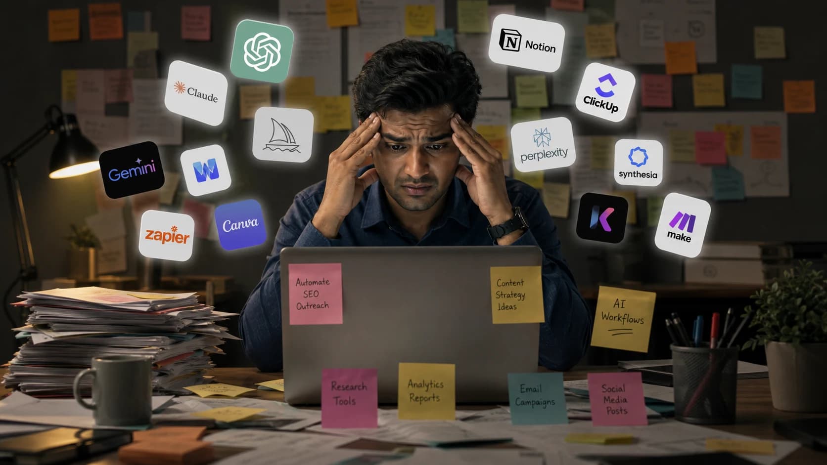 A business owner overwhelmed by too many AI tools.