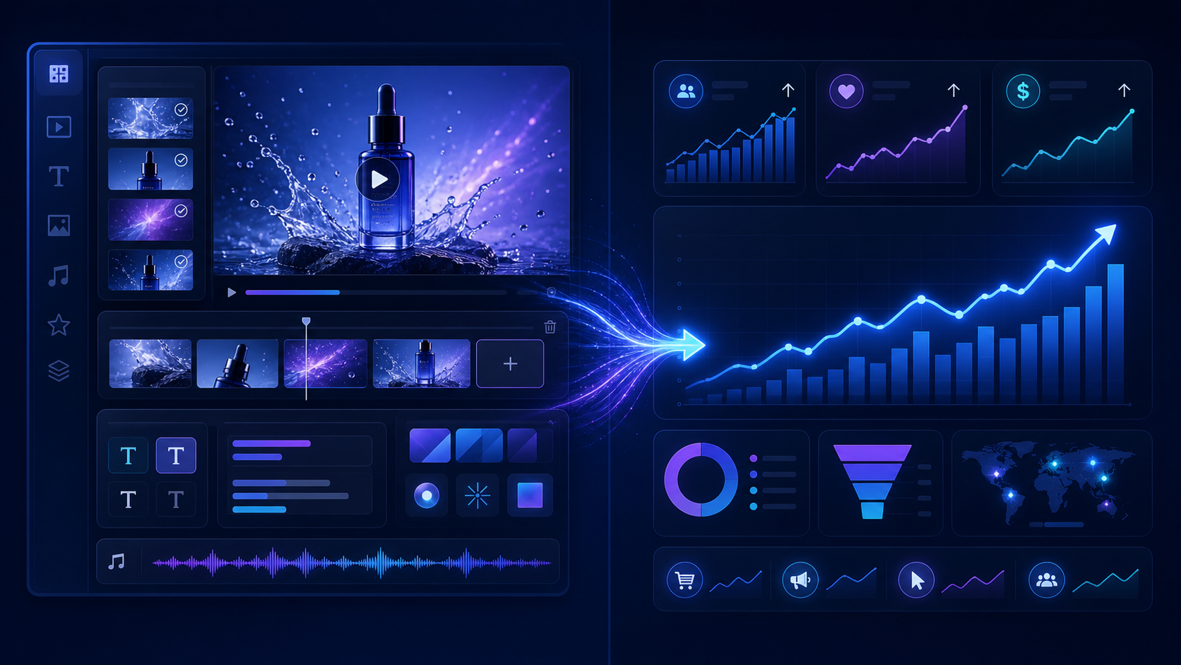 Dashboard showing automated video ad creation and performance marketing metrics.